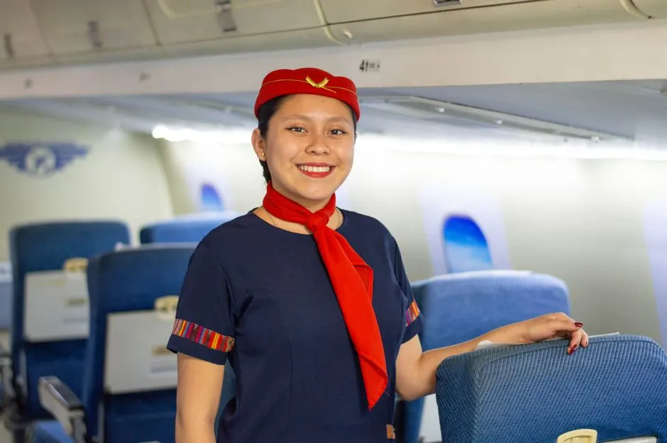 Cabin crew members aboard an aircraft