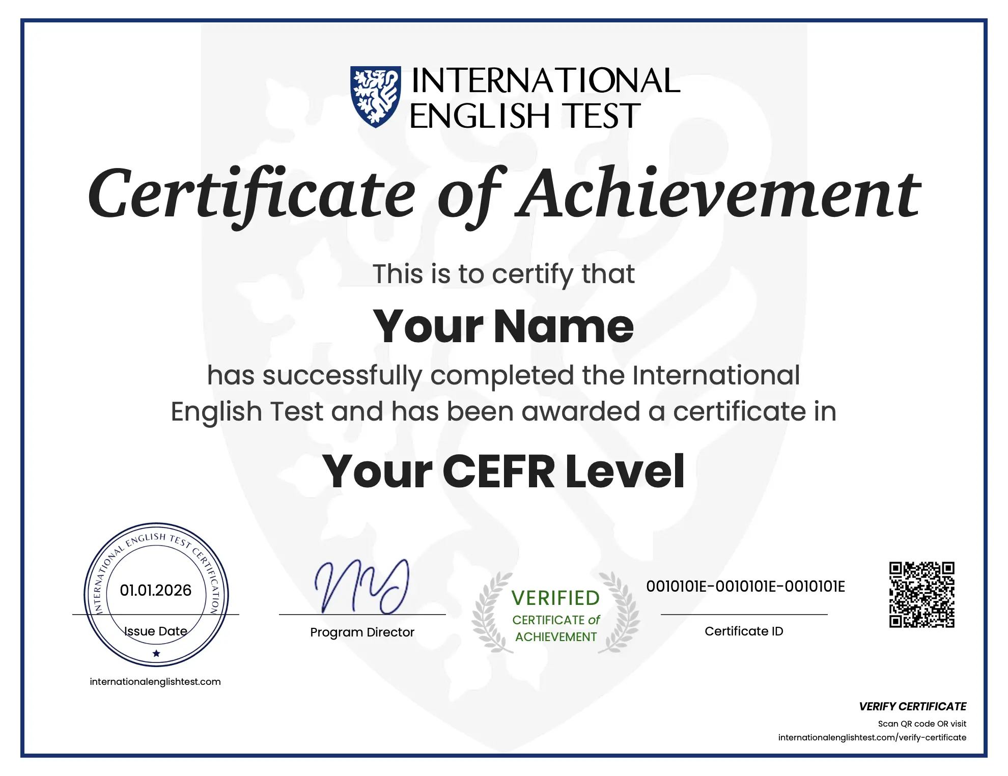 Sample IET English certificate showing CEFR level B2 Upper-Intermediate, issued by International Test Limited (UK), with unique verification code and QR code for instant online verification.