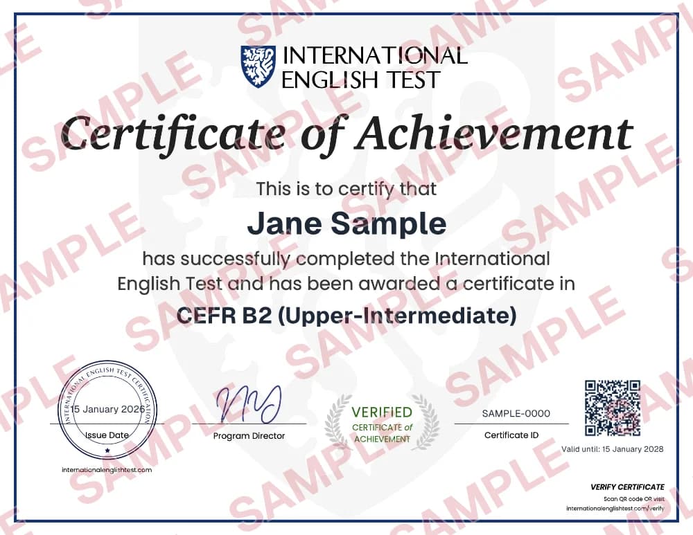 Sample IET English certificate showing CEFR level B2 Upper-Intermediate, issued by International Test Limited (UK)