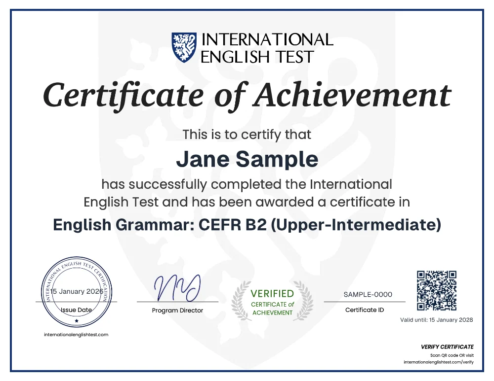 Sample grammar certificate for Jane Sample, CEFR B2, marked SAMPLE