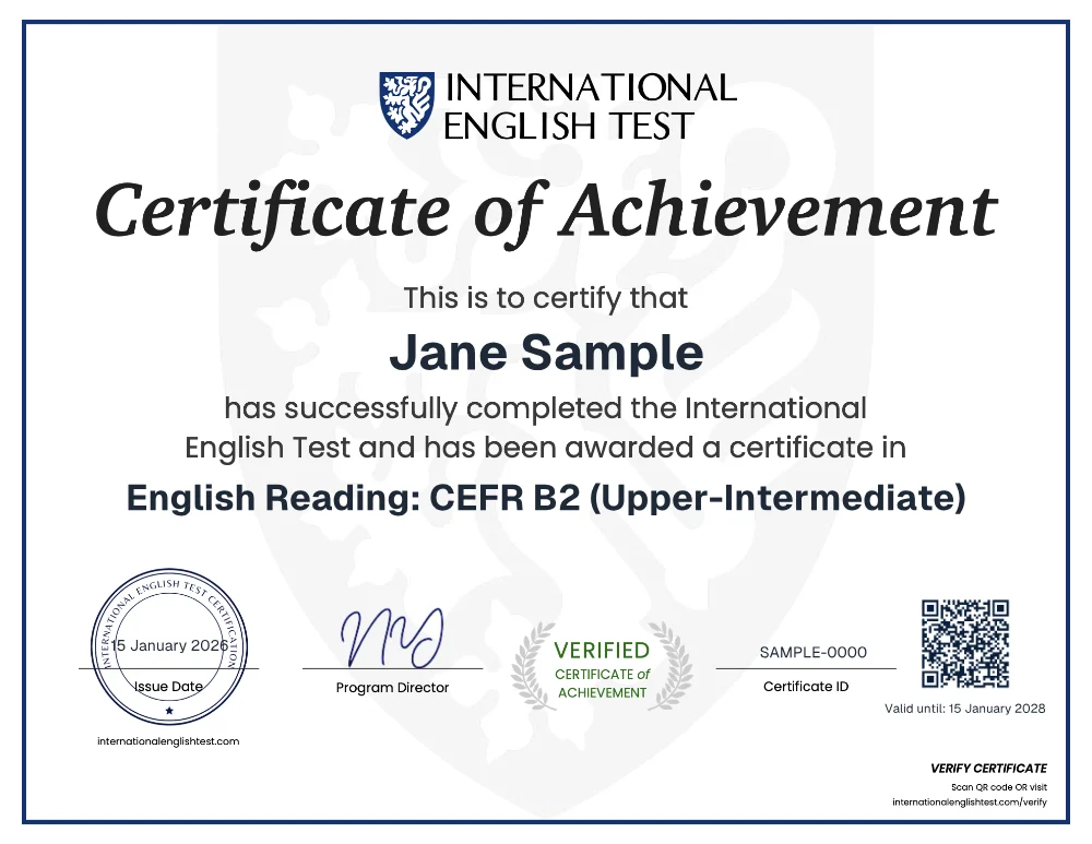 Contoh sertifikat untuk Jane Sample, CEFR B2, dengan tanda SAMPLE