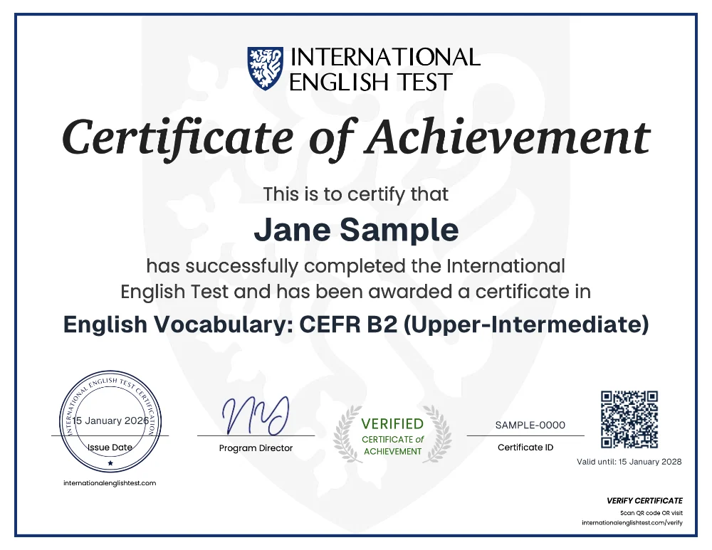 Contoh sertifikat untuk Jane Sample, CEFR B2, dengan tanda SAMPLE