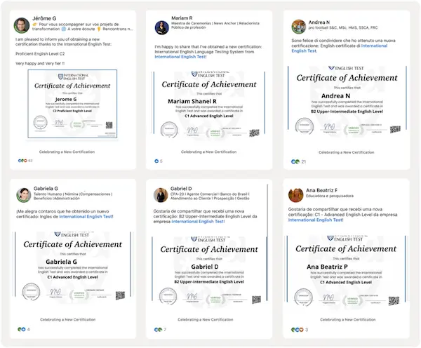 Certificat d'anglais sur LinkedIn Des certificats d'anglais partagés sur LinkedIn