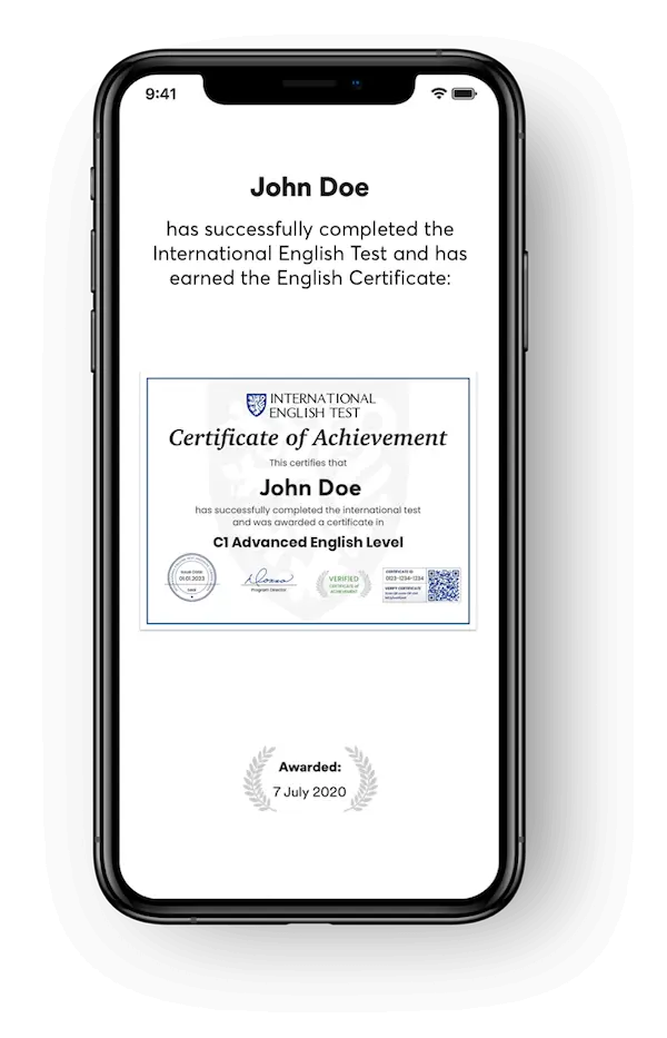 Certificato di inglese riconosciuto a livello internazionale Certificato di inglese riconosciuto a livello internazionale dell'International English Test — conforme al CEFR, membro associato di ALTE