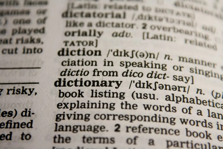 An open dictionary page shown in close-up with columns of entries