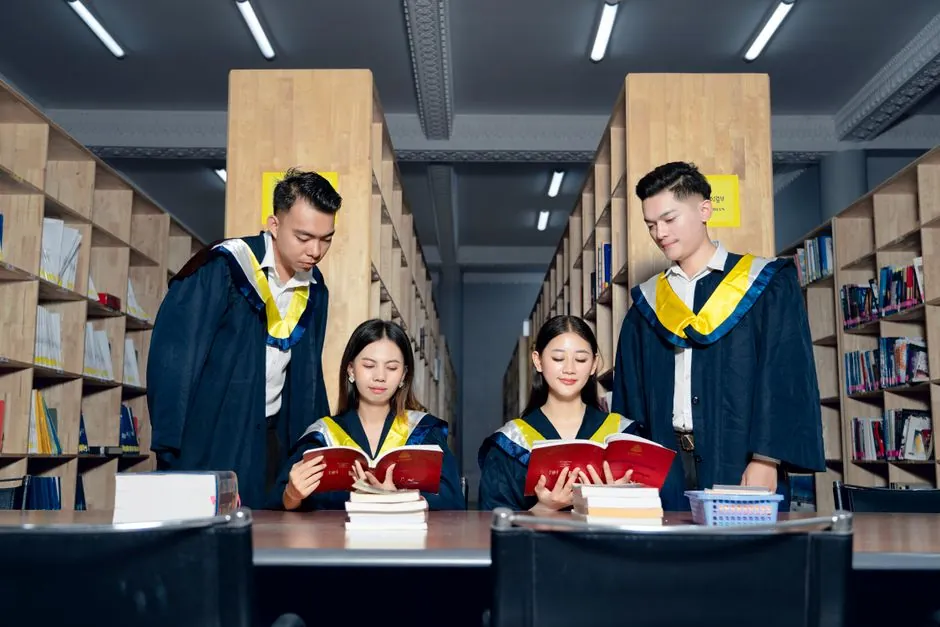 Graduate students studying in a university library