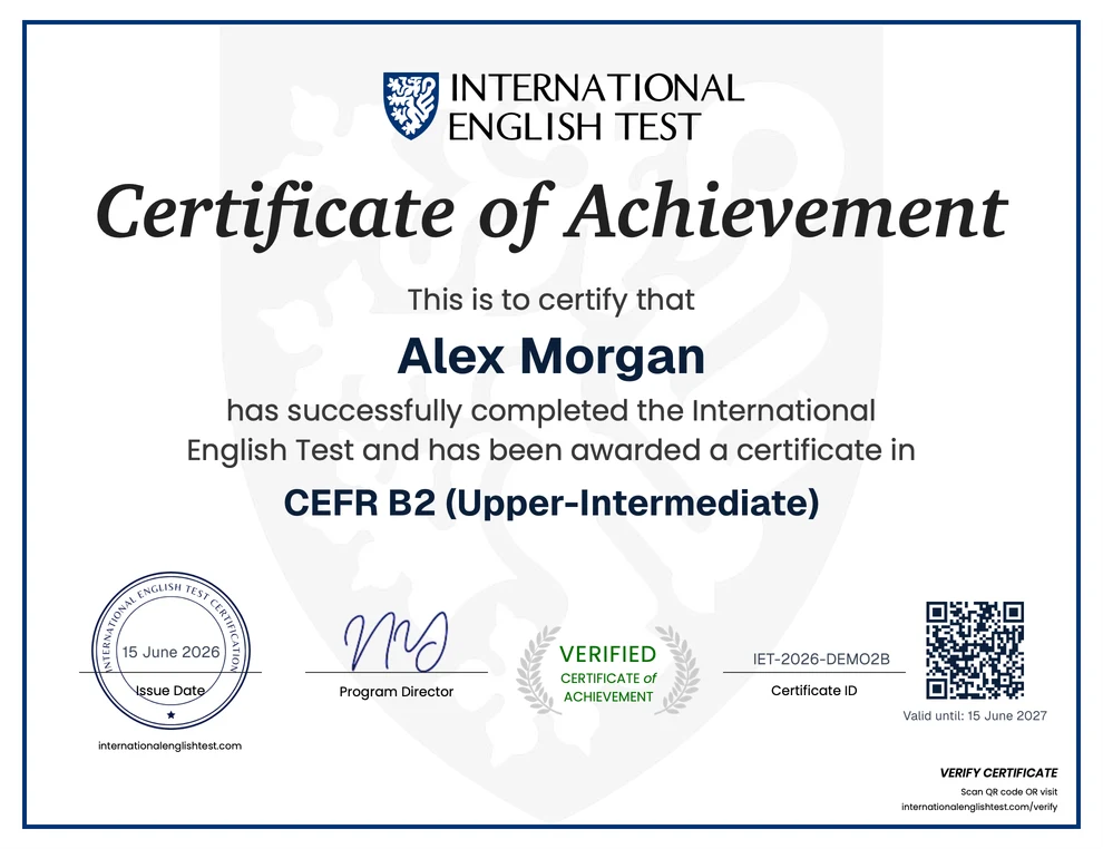 Sample CEFR English certificate at B2 level from the International English Test, showing the CEFR level, a unique ID and a QR code that link to an online verification page