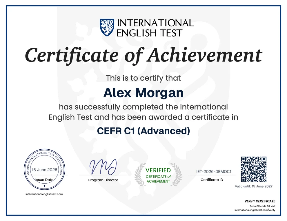 Sample CEFR English certificate for university applications (C1 level), showing the unique ID and QR code