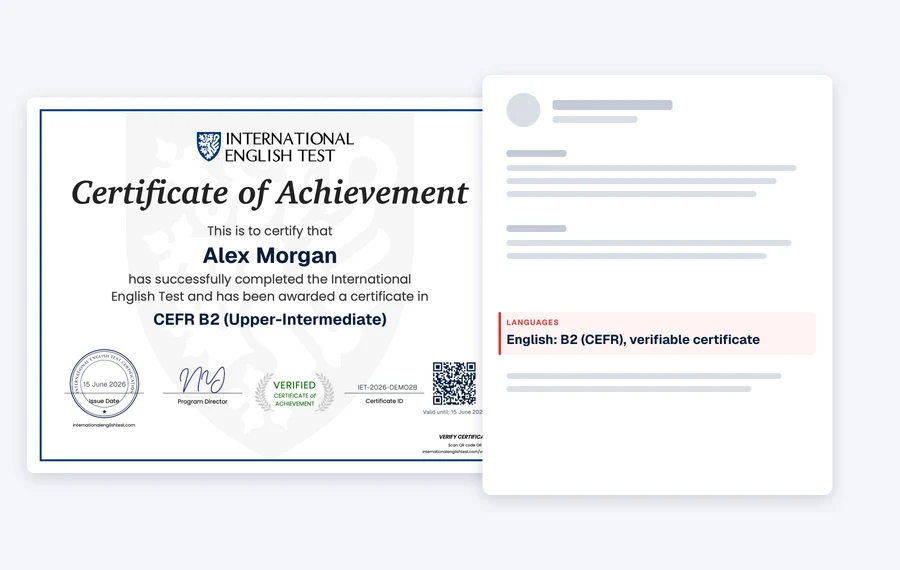 Sample CEFR English certificate shown beside a CV Languages line reading 'English: B2 (CEFR), verifiable certificate'; the certificate carries a unique ID and QR code a recruiter can verify