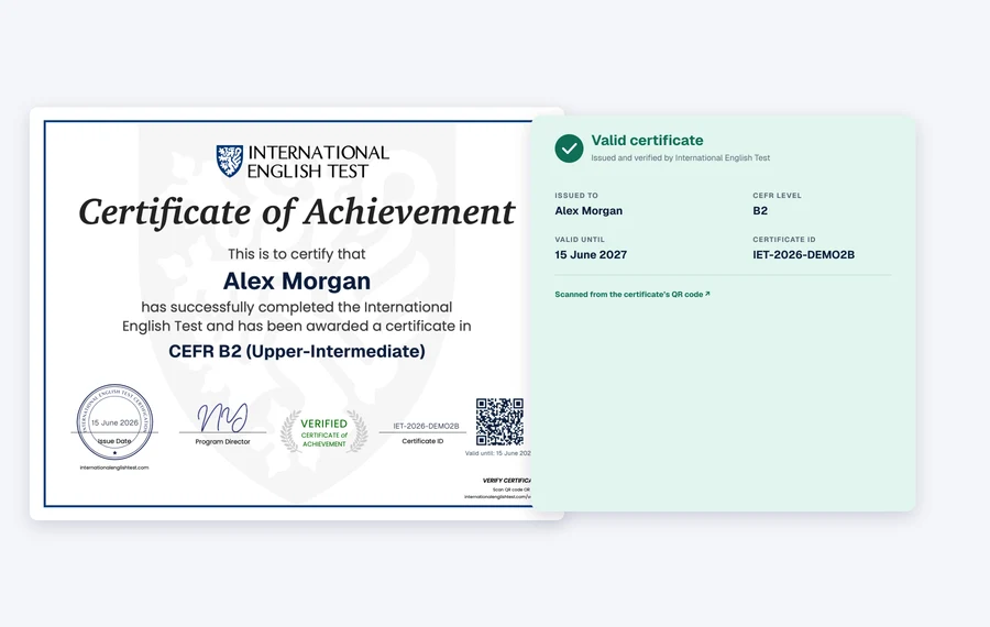 Sample CEFR English certificate beside the public verification result an employer sees after scanning its QR code, confirming the CEFR level, holder and certificate ID