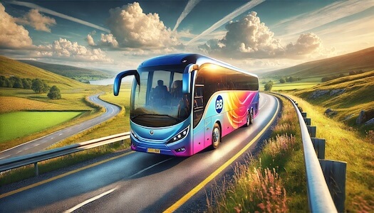 DALL·E 2024 12 29 10.37.10 A digital illustration of a coach bus traveling on a scenic highway surrounded by rolling hills and fields. The bus is sleek and modern with a vibra copy 1