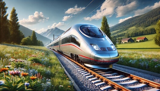 DALL·E 2024 12 29 10.37.24 A realistic digital painting of a modern passenger train speeding along a track through a picturesque landscape. The train features sleek aerodynamic copy 1