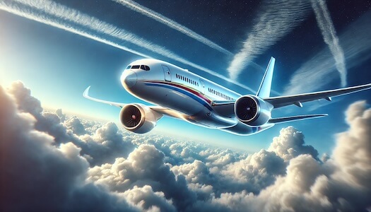 DALL·E 2024 12 29 10.37.38 A detailed digital painting of a modern passenger airplane soaring through a clear blue sky. The airplane is sleek and polished with a white fuselage copy 1